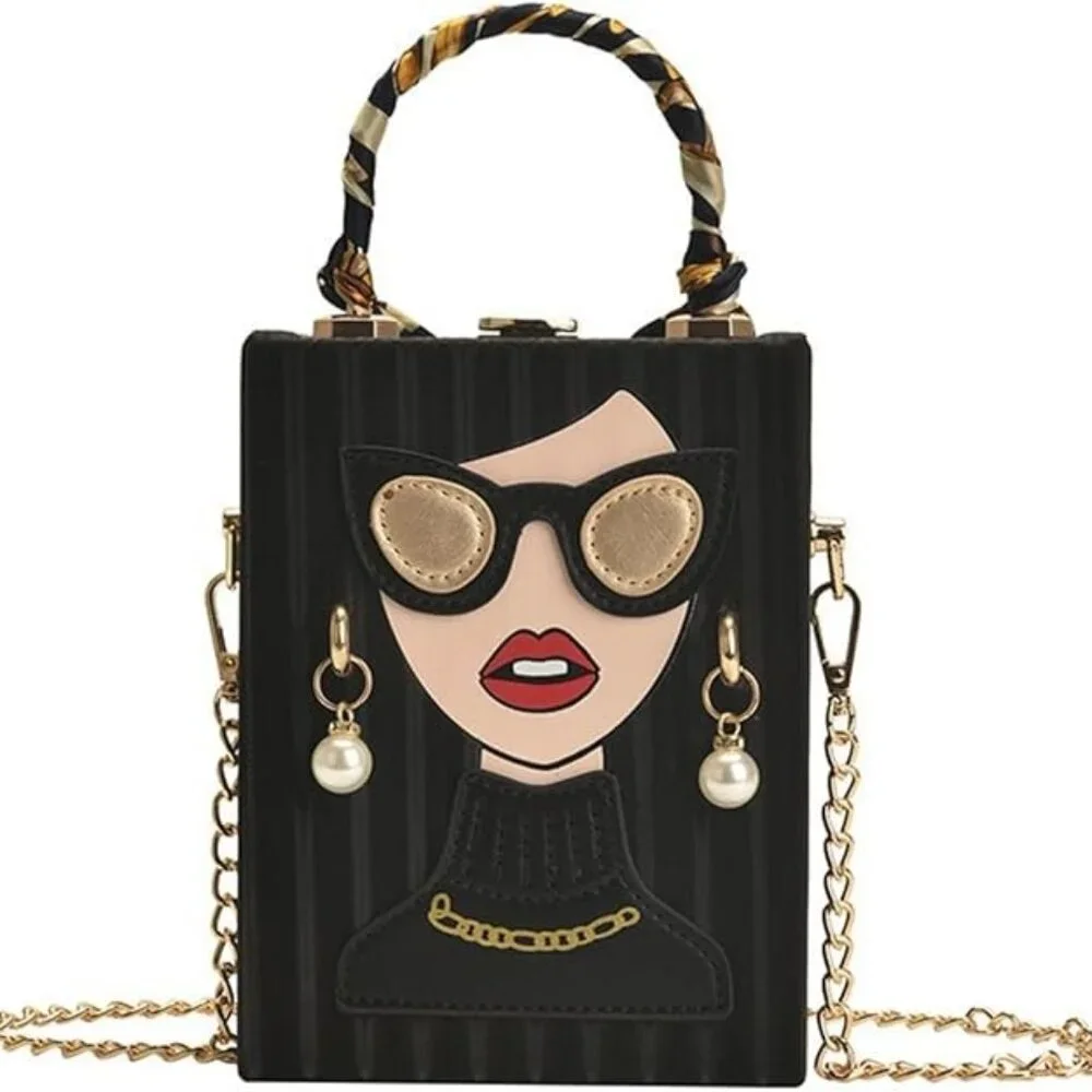 🔥Chic Fashion Lady Face Trendy Box Handbag w/Pearl Earrings Scarf Twilly Handle - Picture 6 of 10